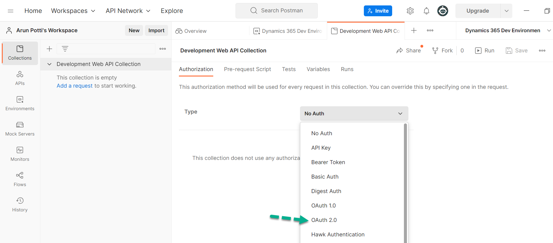 setup and connect to the Dataverse environment in Postman
